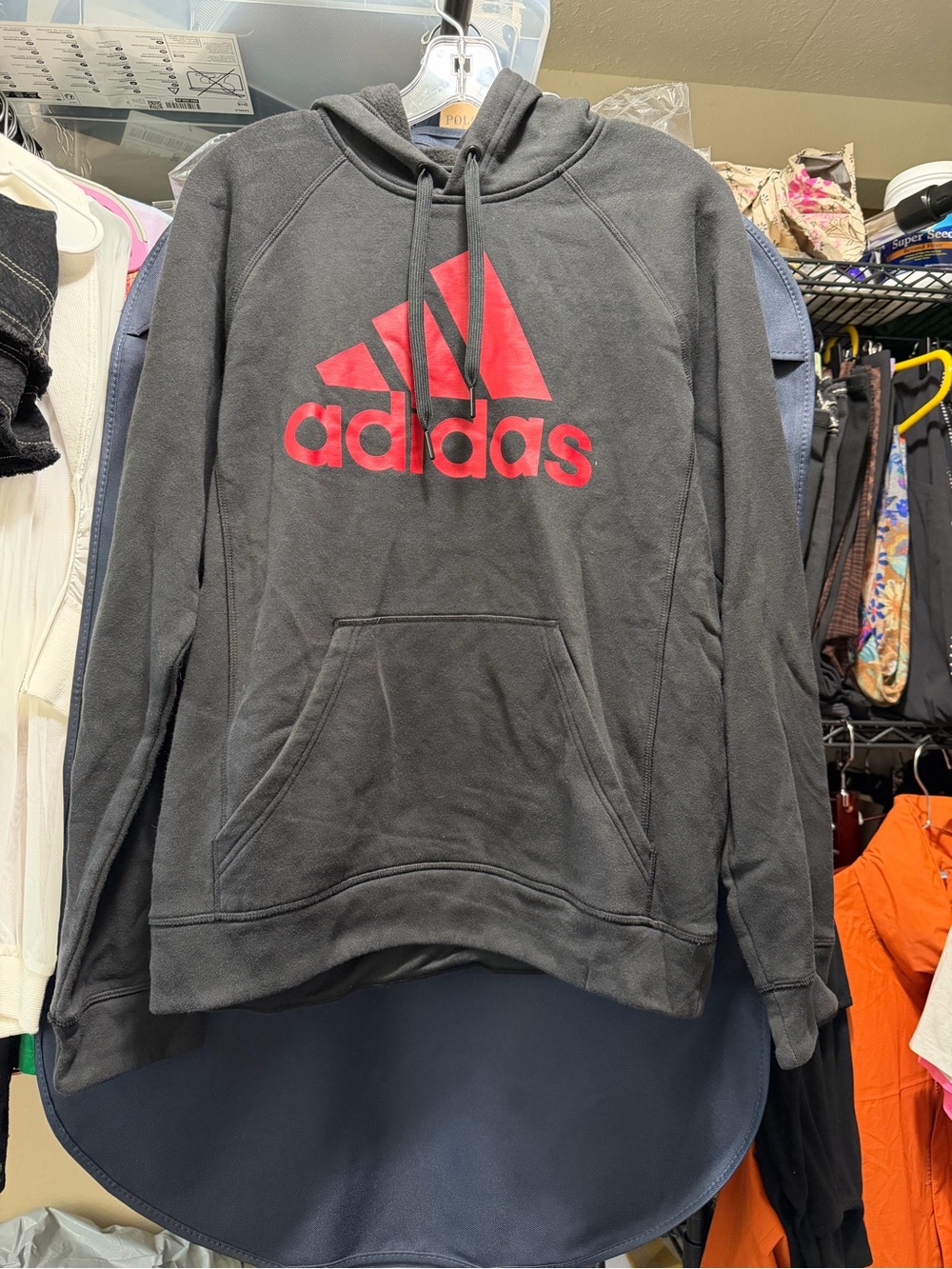 Adidas Black Hoodie Red Logo | Size Small | Fleece-Lined Sweatshirt